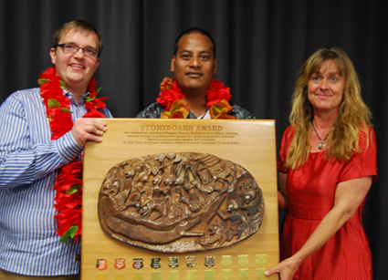 Pacific Scoop internship winner Daniel Drageset (left) with fellow prize-winners Taberannang Korauaba (Storyboard and SPASIFIK awards for diversity) and Karen Abplanalp (postgraduate scholarship) at tonight's AUT prizegiving. Image: Del Abcede/PMC